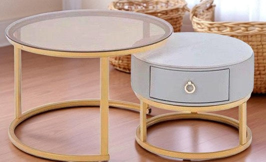 Glass Table CJ-2782-Y45 Gold and Grey 2PCS Set Coffee Table Round 50CM + 70CM