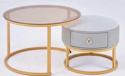 Glass Table CJ-2782-Y45 Gold and Grey 2PCS Set Coffee Table Round 50CM + 70CM