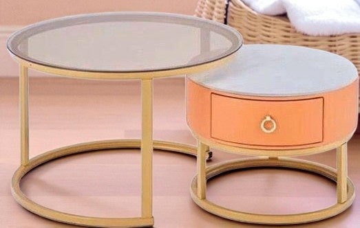 Glass Table CJ-2782-Y45 Gold and Yellow Gold 2PCS Set Coffee Table Round 50CM + 70CM