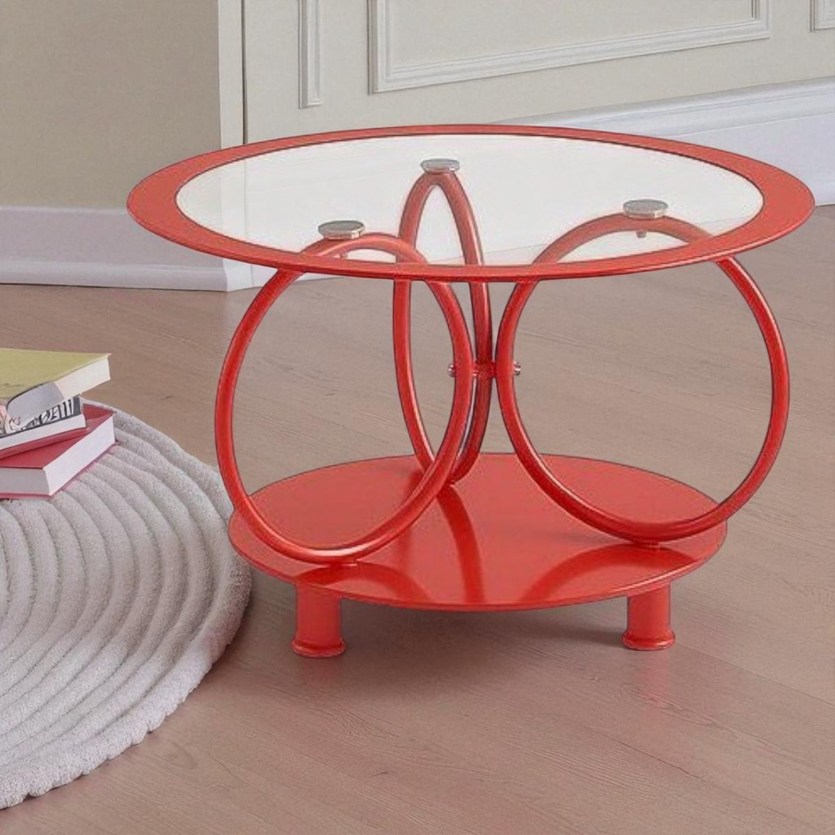Glass Table CJ-2595-Y45 Red Coffee Table Round 70X70CM