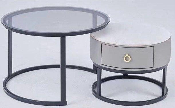 Glass Table CJ-2783-Y45 Black and Grey 2PCS Set Coffee Table Round 50CM + 70CM