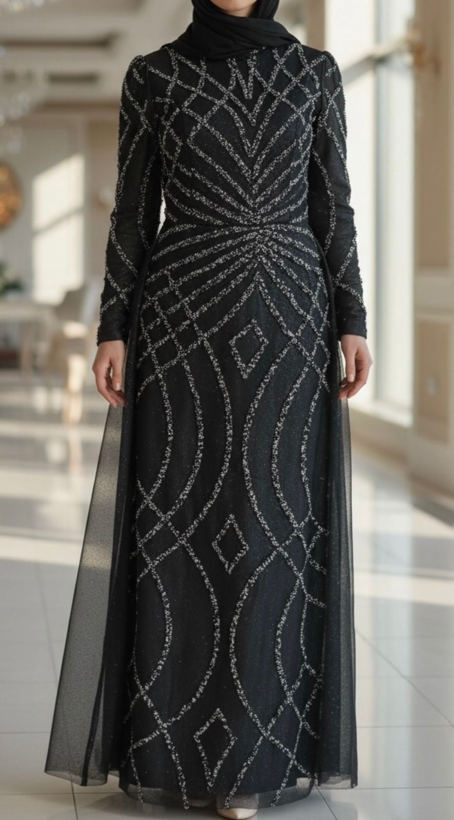 Dress Evening Occasion Organza Beaded Blue / Black / Taupe