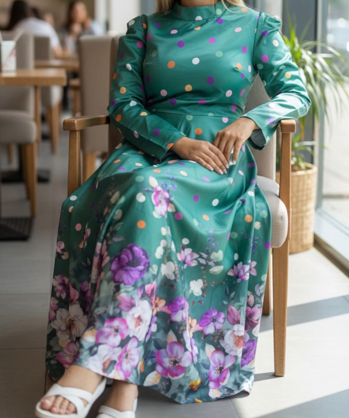 Dress Floral Print Polka Dots Green
