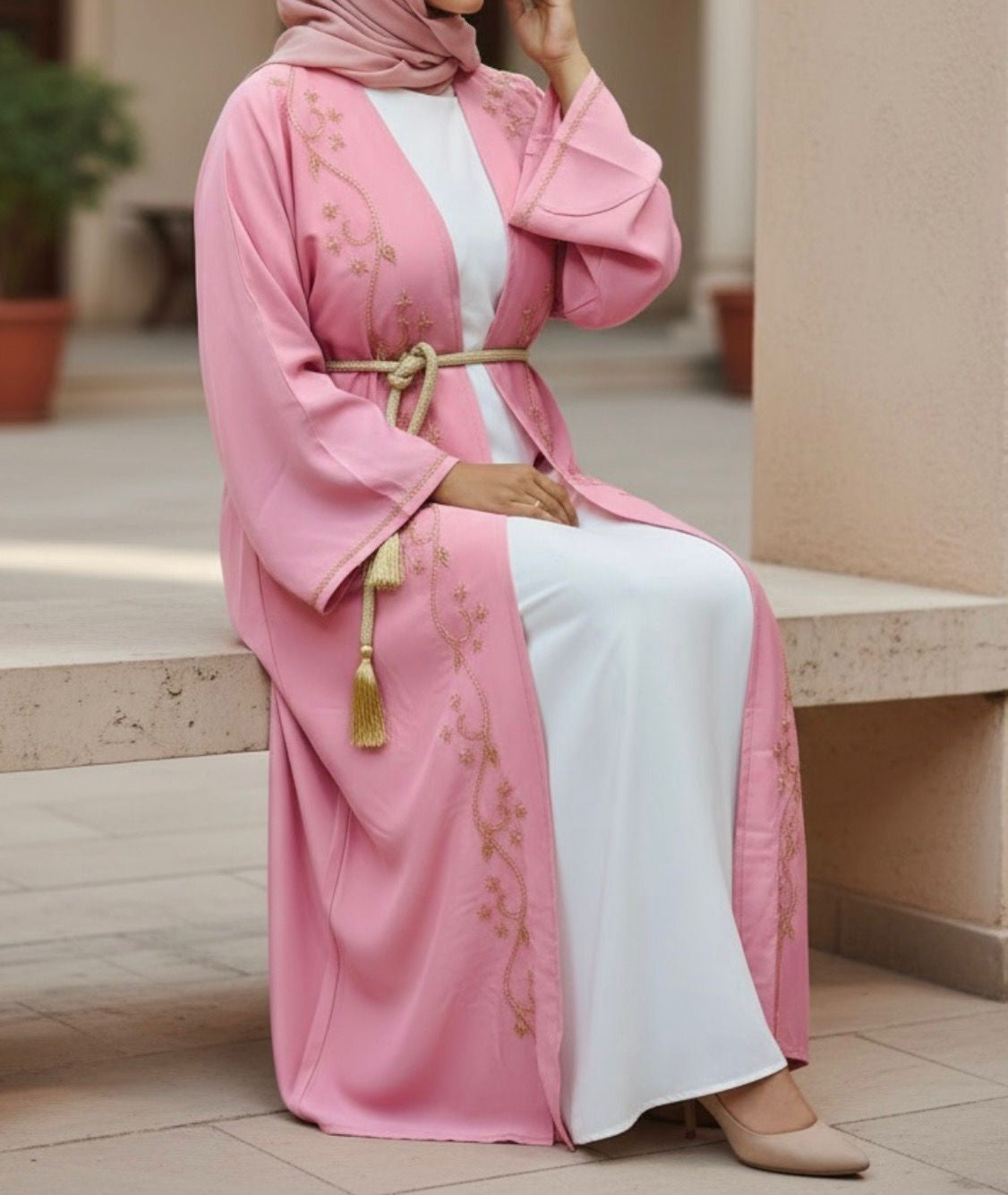 Gown Abaya Embellished 2PC Set Pink & White