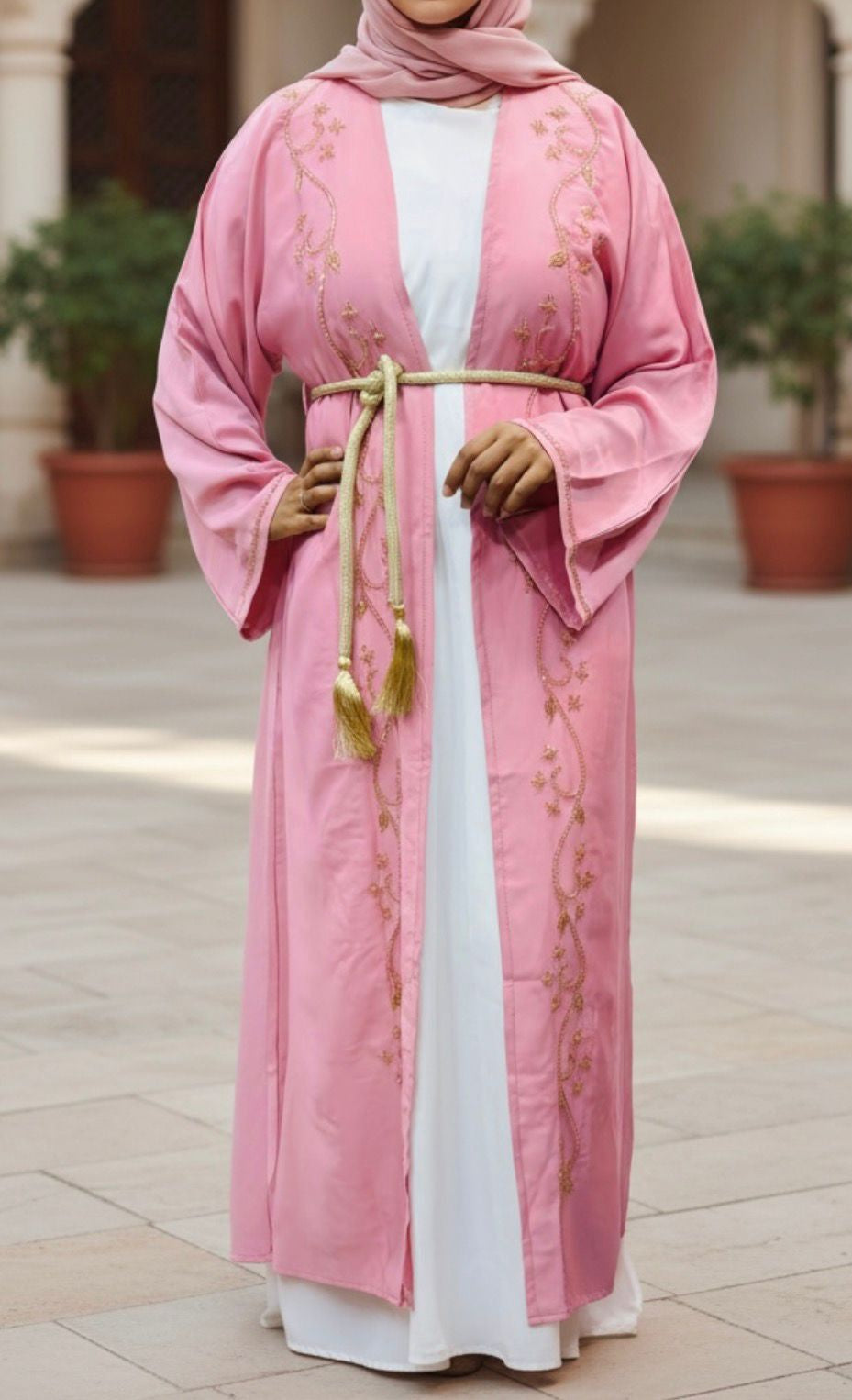 Gown Abaya Embellished 2PC Set Pink & White