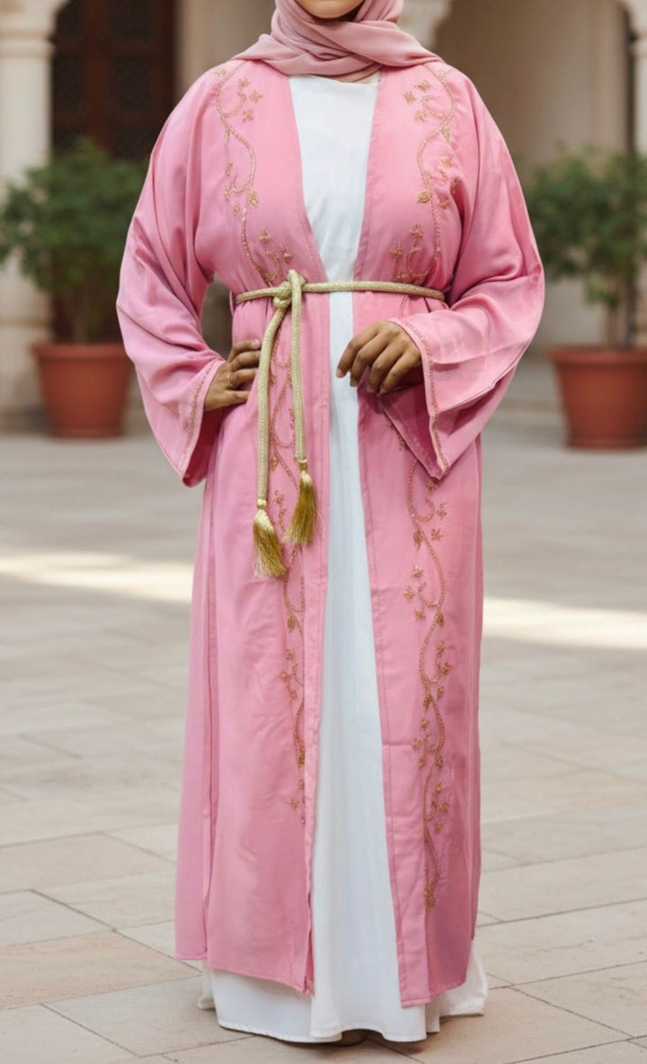 Gown Abaya Embellished 2PC Set Pink & White