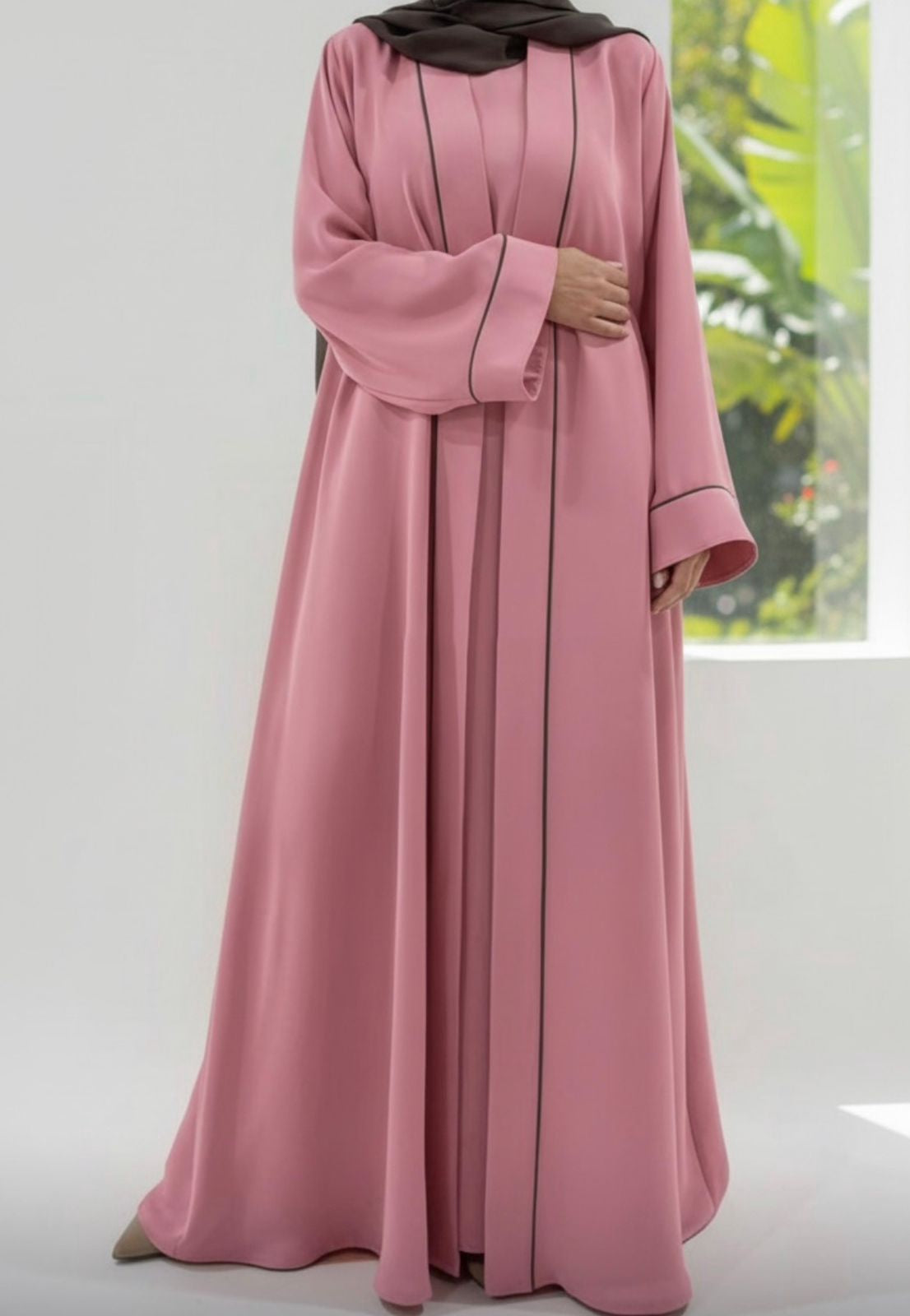 Gown Abaya Plain W/ Piping 2PC Set