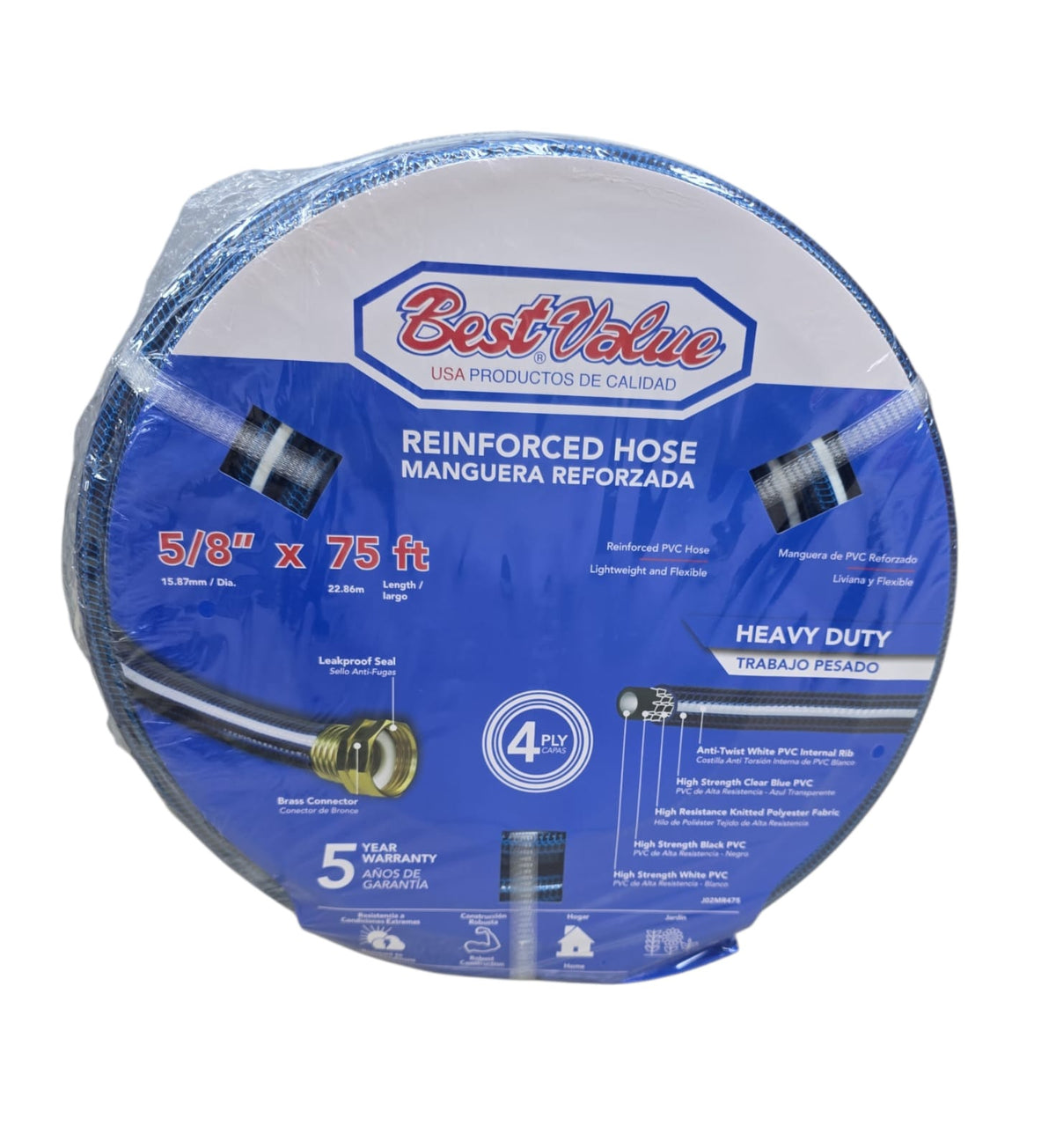 BEST VALUE Hose 5/8" X 75FT Blue Reinforced Roll #J02MR475 Heavy Duty
