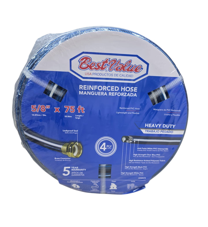 BEST VALUE Hose 5/8" X 75FT Blue Reinforced Roll #J02MR475 Heavy Duty