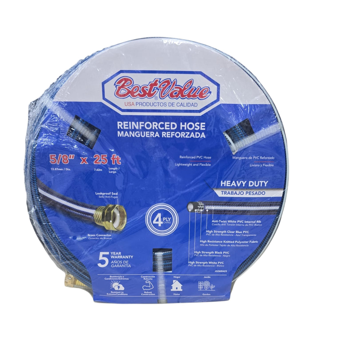 BEST VALUE Hose 5/8" X 25FT Blue Reinforced Roll #J02MR425 Heavy Duty