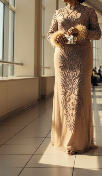 Dress Evening Occasion Tulle Beaded Feather
