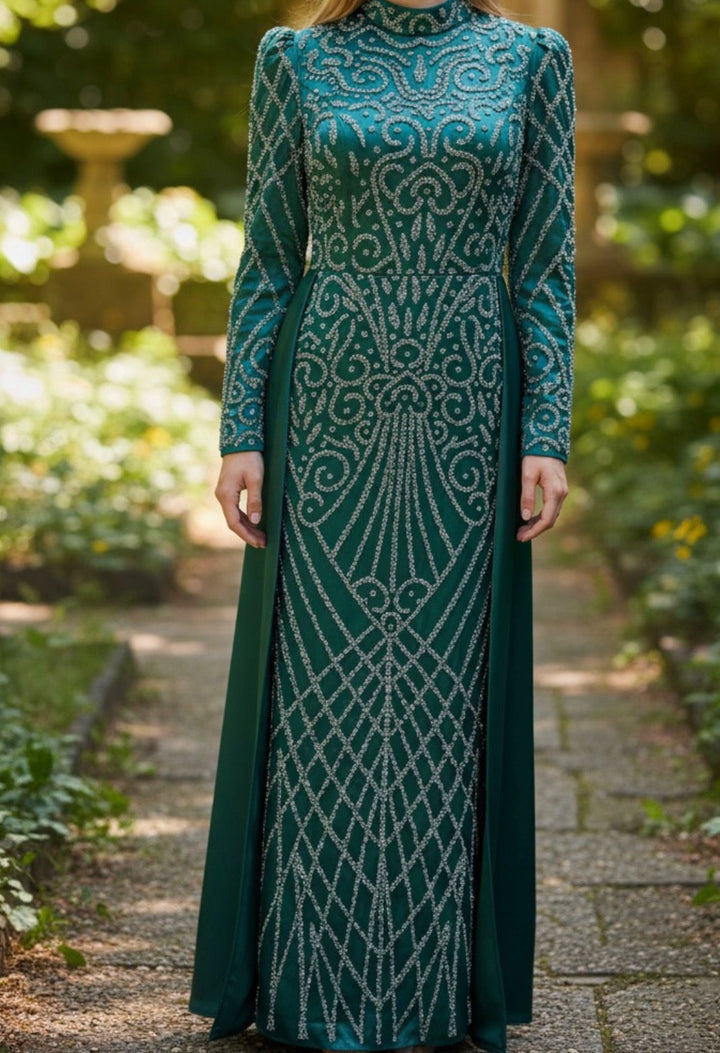 Dress Evening Occasion Satin Beaded Emerald / Mauve