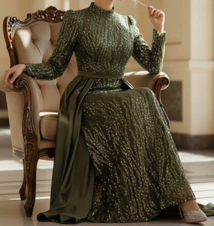 Dress Evening Occasion Satin Olive / Taupe