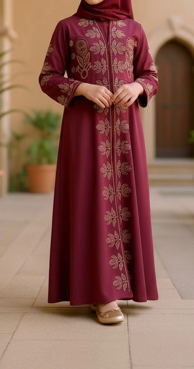 Gown Abaya Girls Burgandy Rhinestone