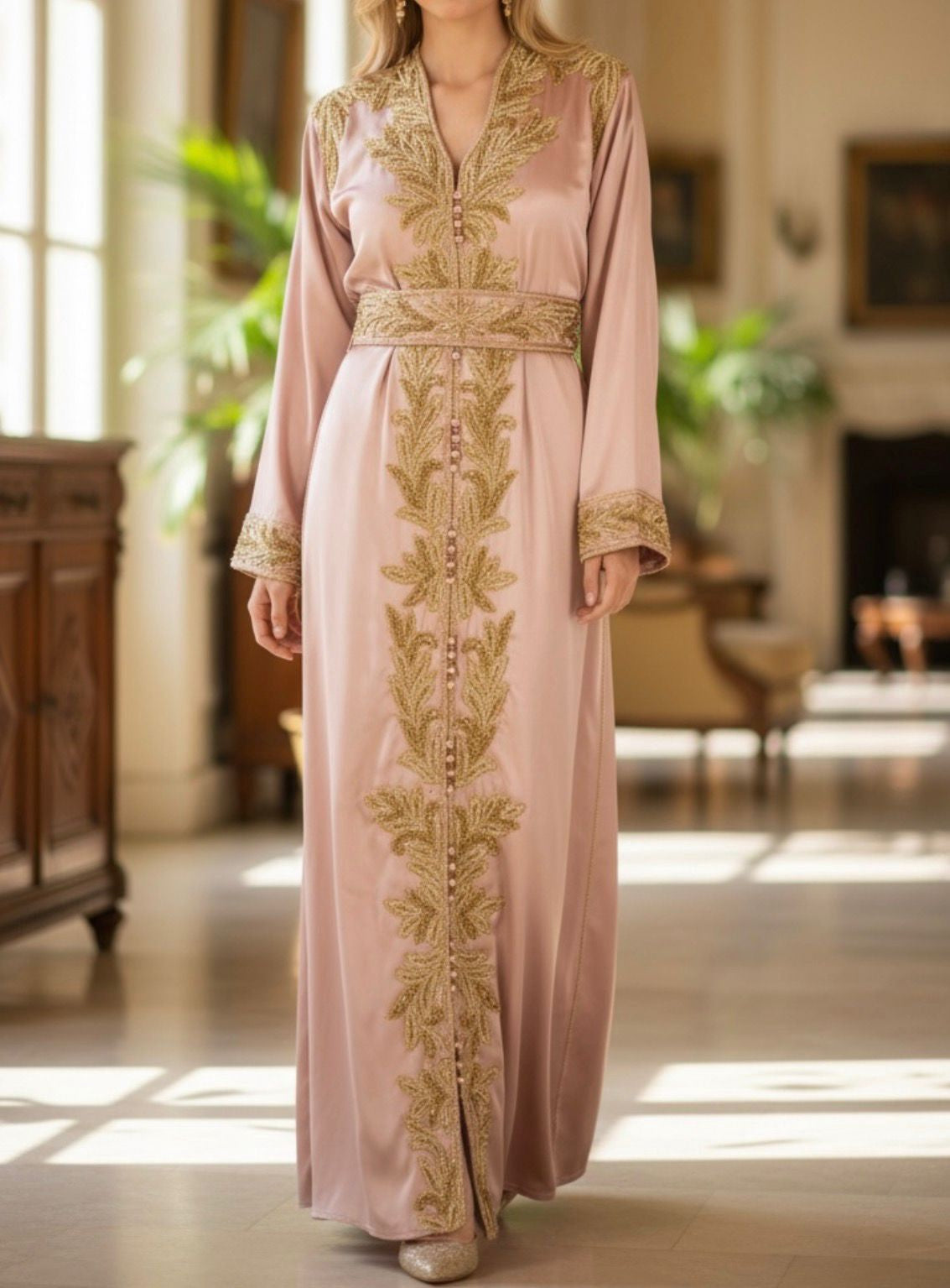 Gown Beaded Satin Peach / Baby Blue