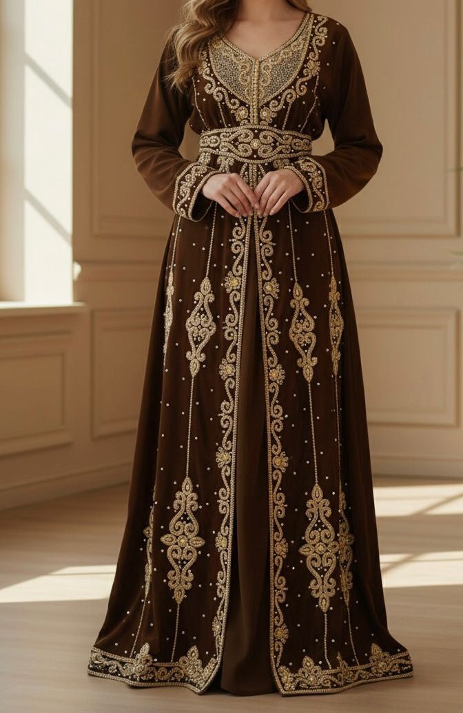 Gown Beaded Kaftan Stonework Chocolate / Peach