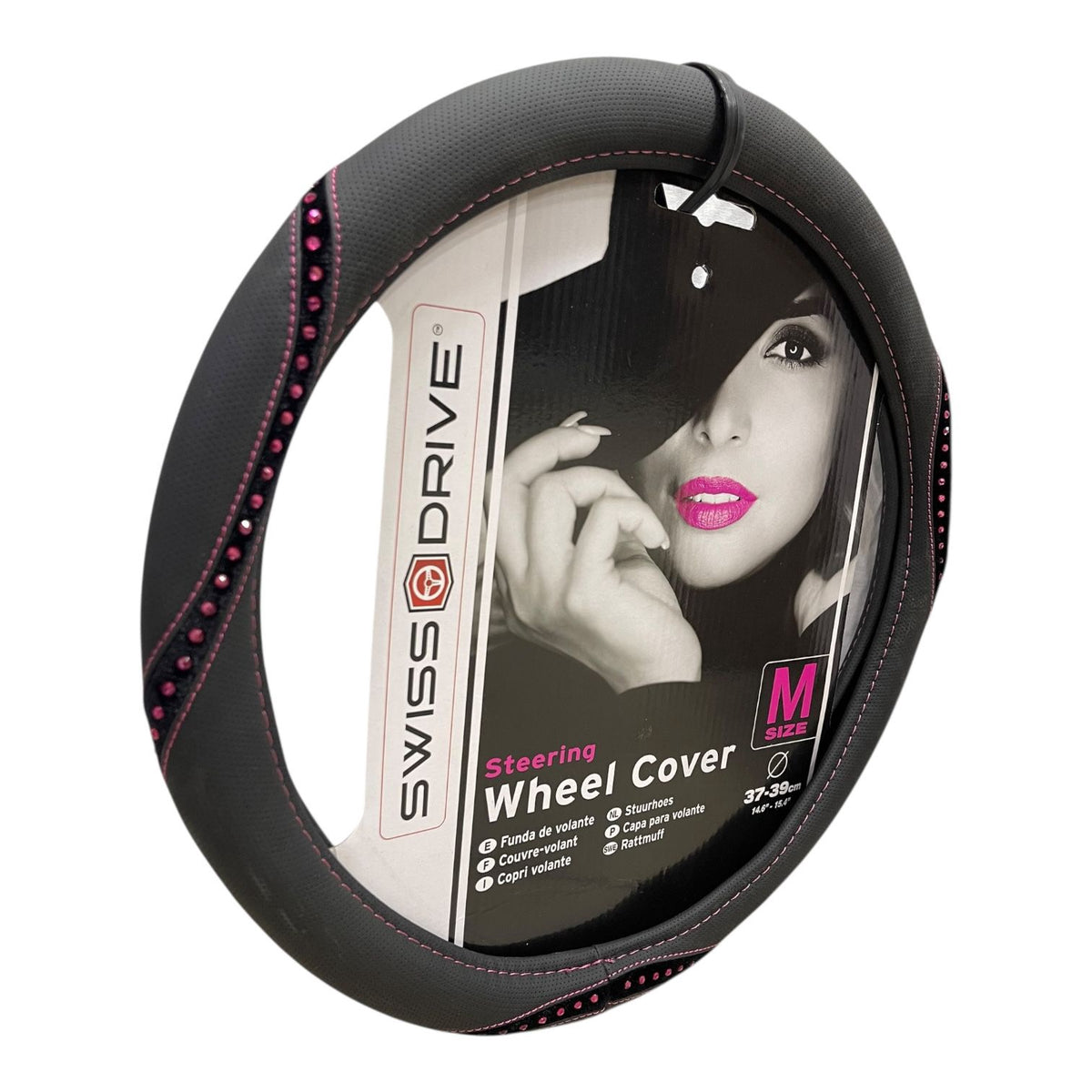 SWISS DRIVE Car Steering Wheel Cover FVP125B Black with Pink Diamond Size M 37-39CM