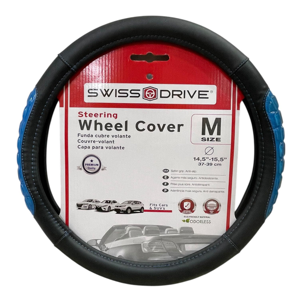 SWISS DRIVE Car Steering Wheel Cover Swc #2505GEL Black and Blue Size M 37-39CM
