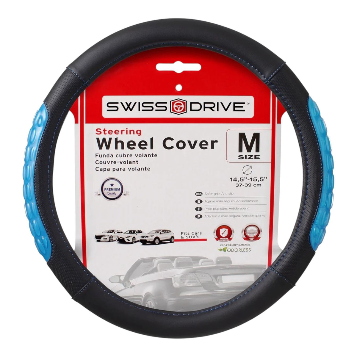 SWISS DRIVE Car Steering Wheel Cover Swc #2505GEL Black and Blue Size M 37-39CM