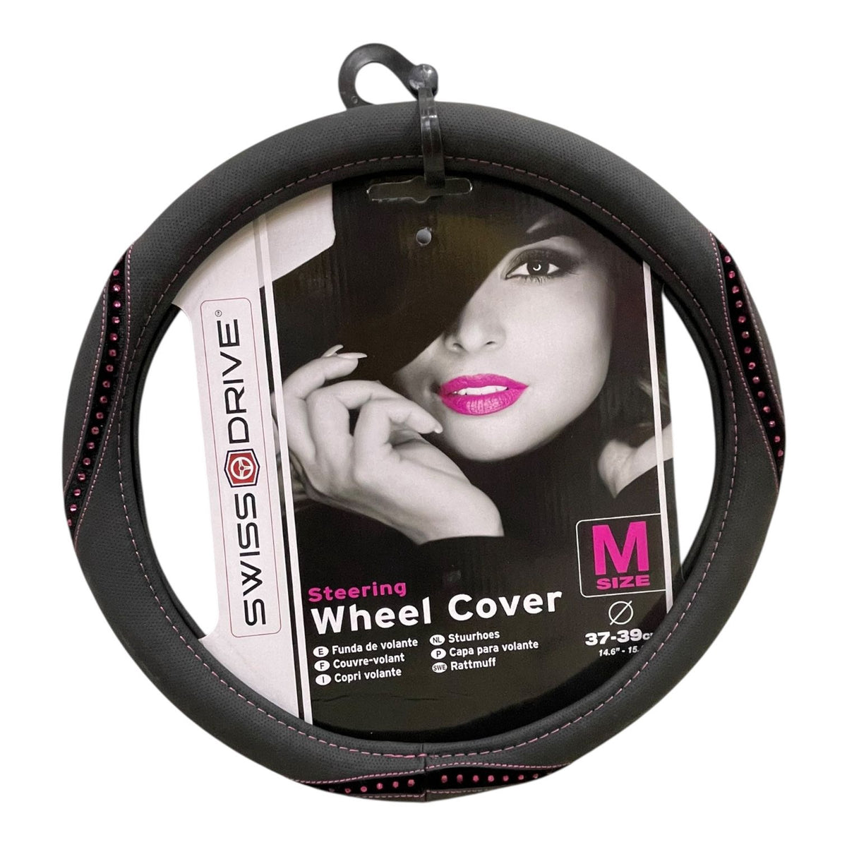 SWISS DRIVE Car Steering Wheel Cover FVP125B Black with Pink Diamond Size M 37-39CM