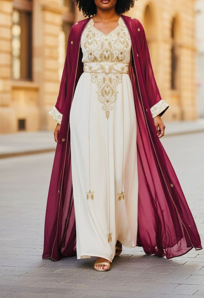 Gown Beaded Kaftan Burgandy / Emerald