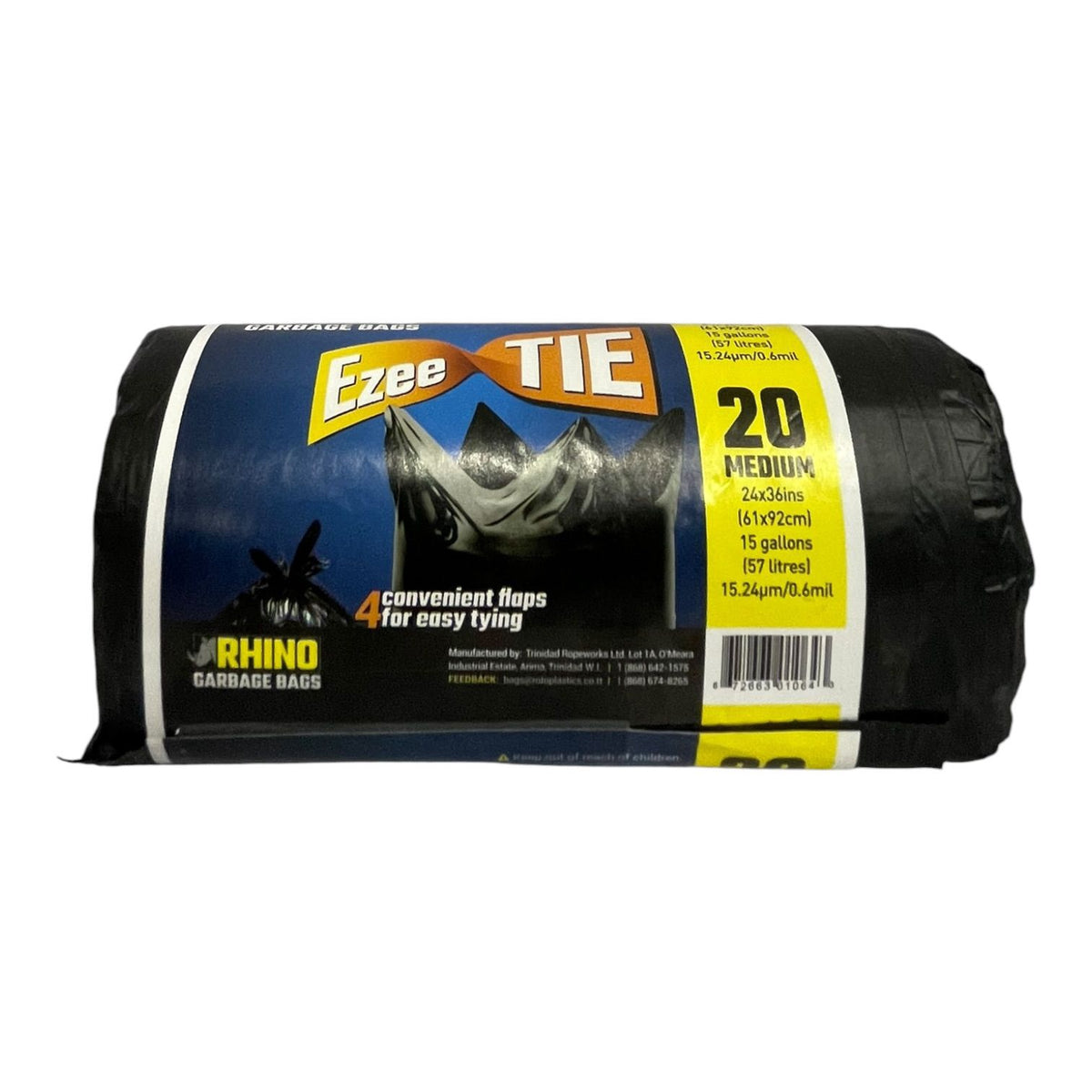 RHINO Bags Garbage Black Ezee Tie 20PCS Medium Roll 24X36"
