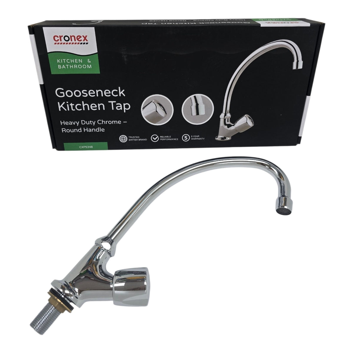 CRONEX Goose Neck Kitchen Tap CXP5348 Heavy Duty Chrome Round Knob