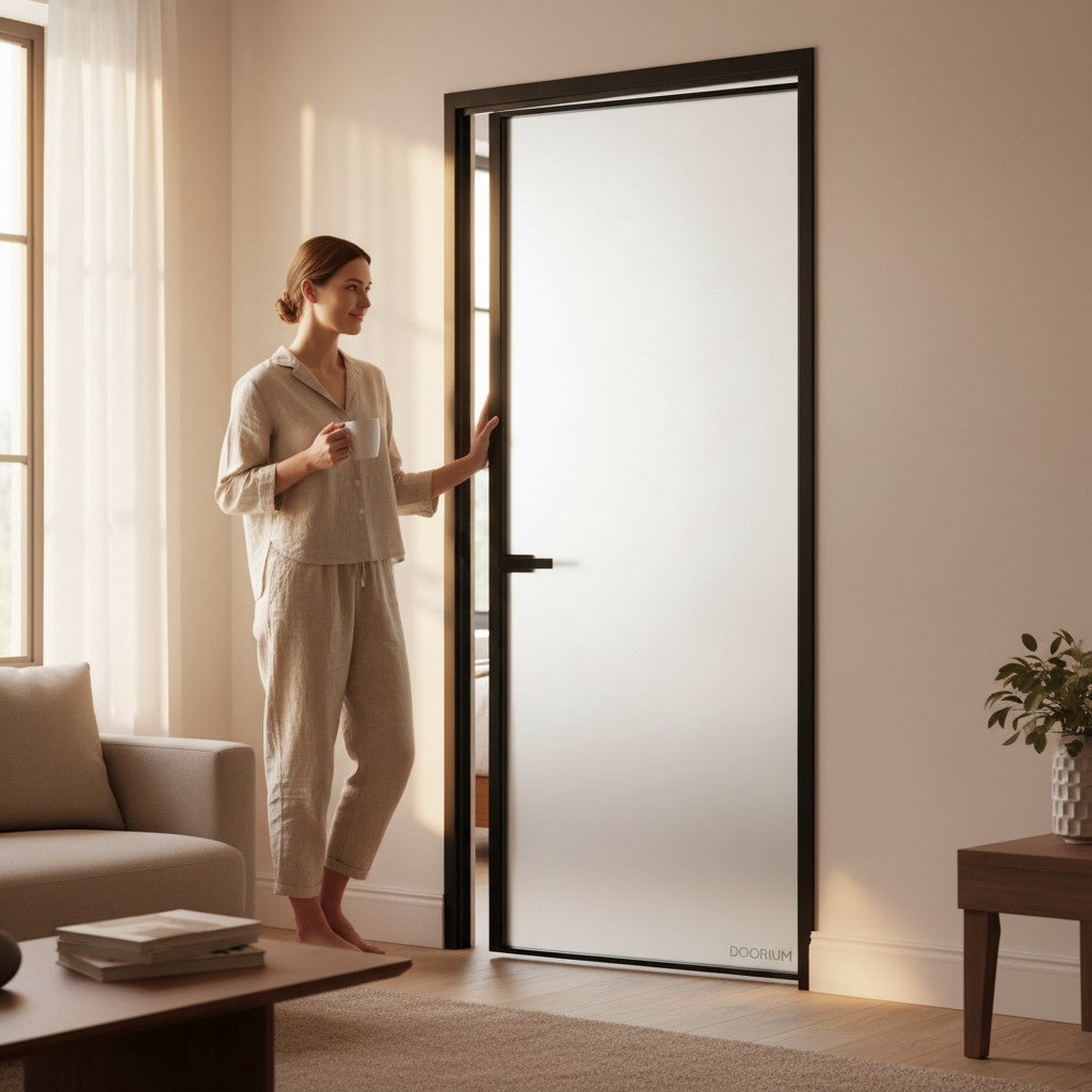 Door Shower 32" X 80" Black Frame Frosted Glass 20260315-9 Handle on Glass