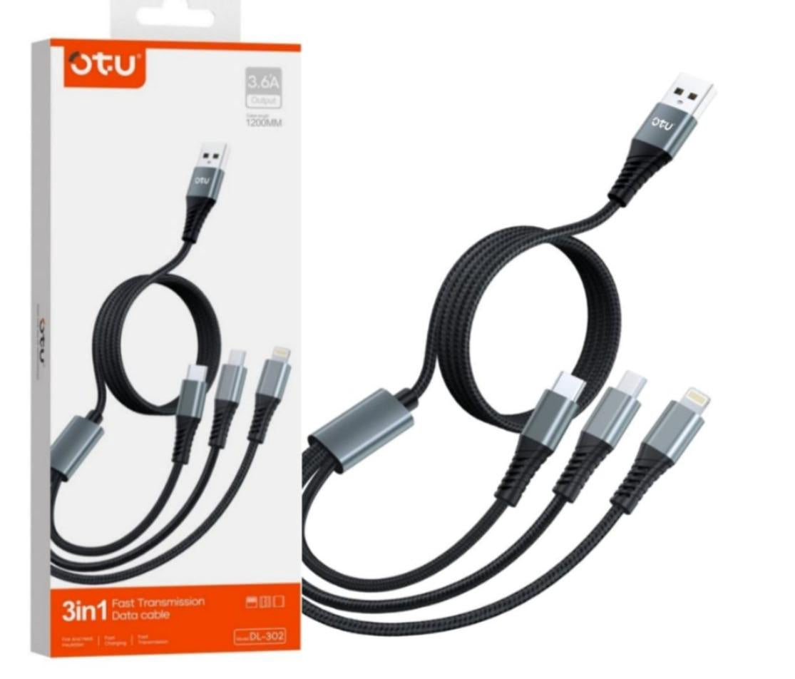 OTU Charger Cable USB 3IN1 DL302 1200MM TYPE-C Micro Lighting 3.6A Fast Transmission Data Cable