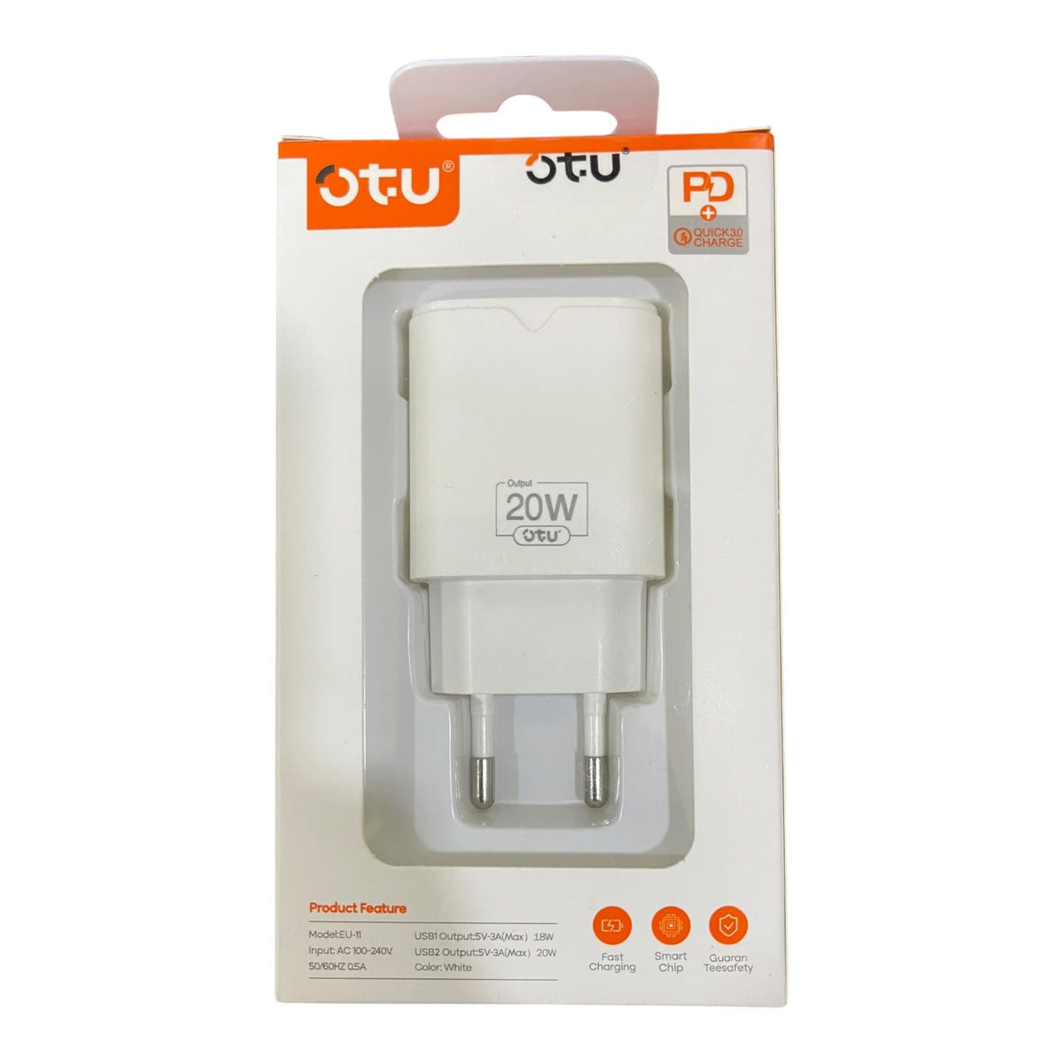 OTU Charger Adapter USB EU-11 20W Pd Smart Fast Round Plug Euro Travel 110V-240V