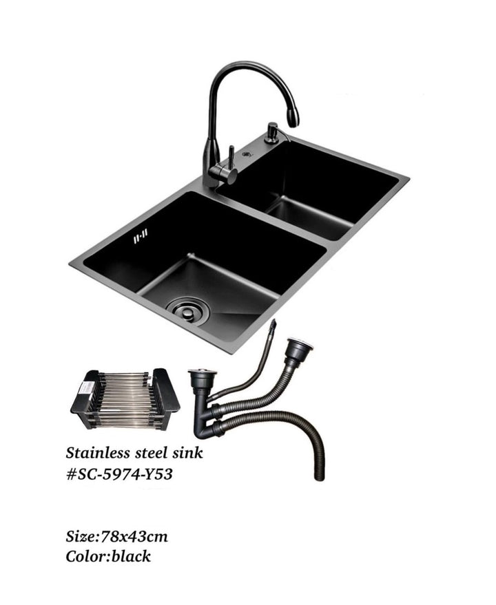 SINK D/BOWL Black 7.5" Deep 78X43CM with Draining Rack and Waste SC-5974-Y53