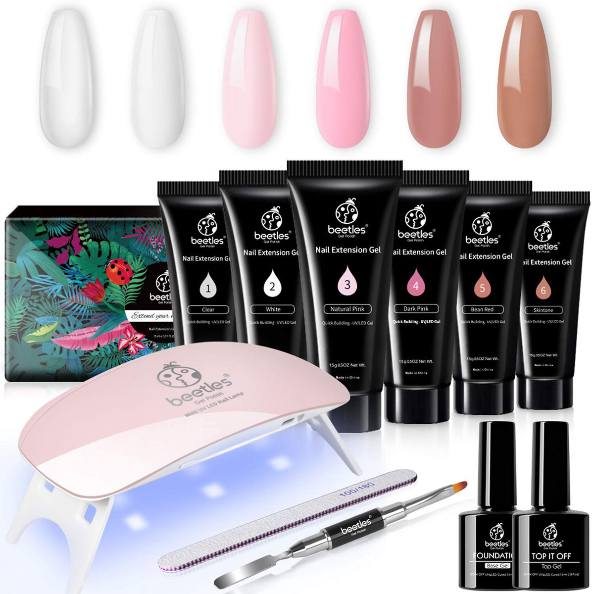 BEETLES Nails Poly Extension Gel Kit Nail Builder Gel Nail Enhancement Trial Kit Professional Nail Technician ALL-IN-ONE French Kit with Mini Nail Lamp for Nail Art Starter Kit