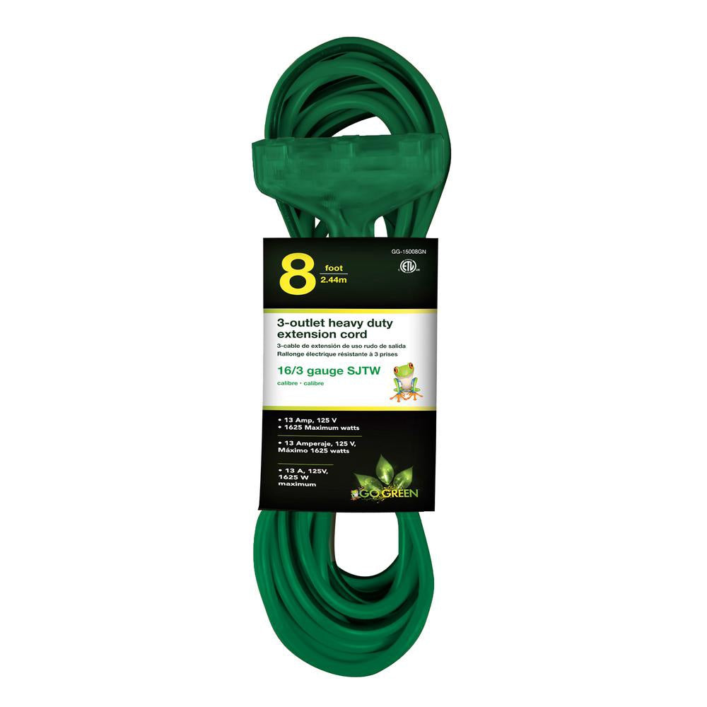 GO GREEN Extension Cord Outdoor 8' Gogreen GG-15008GN 3 Outlet 16G