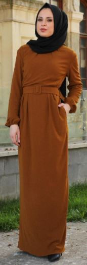 GENERIC Dress with Fabric Belt Brown