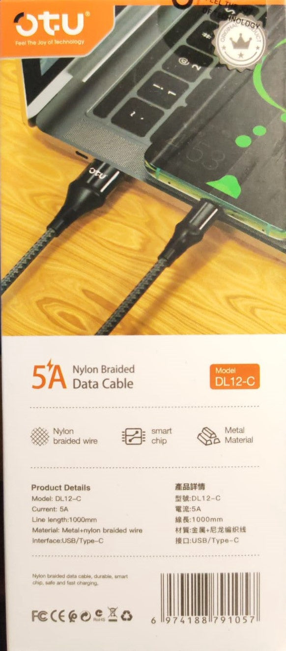 OTU Charger Cable USB DL12-C 1M Type C 5A Data Cable Nylon Braided