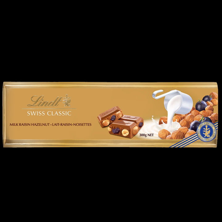 LINDT Swiss Classic Gold Raisin Hazelnut and Almonds Milk Chocolate Bar 300G