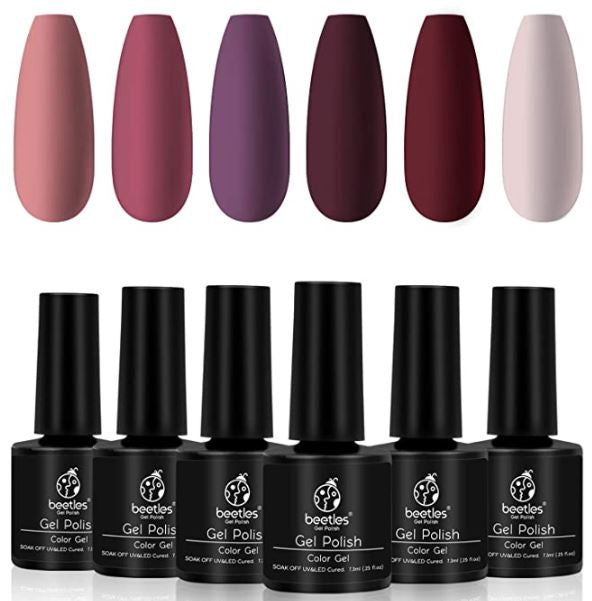 BEETLES Nail Polish Set - 6 Pcs Peach Pink Purple Burgundy Red Skin Tone