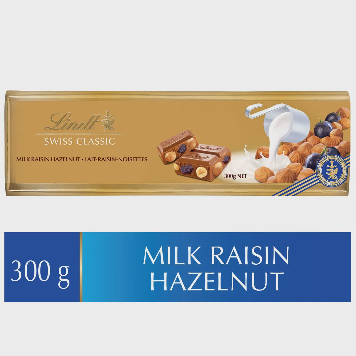 LINDT Swiss Classic Gold Raisin Hazelnut and Almonds Milk Chocolate Bar 300G