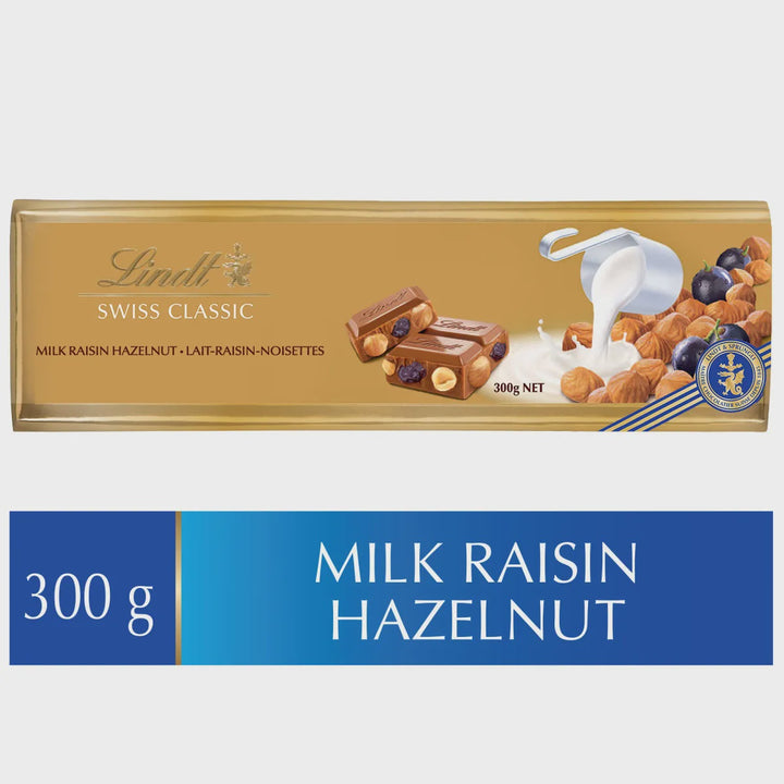 LINDT Swiss Classic Gold Raisin Hazelnut and Almonds Milk Chocolate Bar 300G