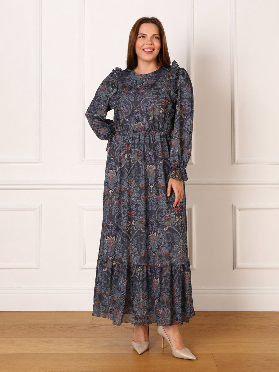 Dress Plus Lined Floral Blue Taupe Navy