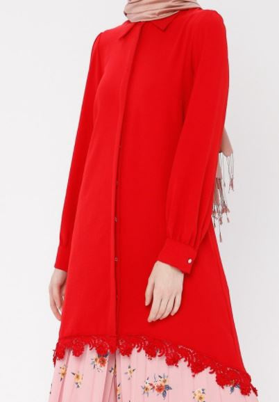 LOREEN BY PUANE Top Tunic Loreen Lace Hem Red
