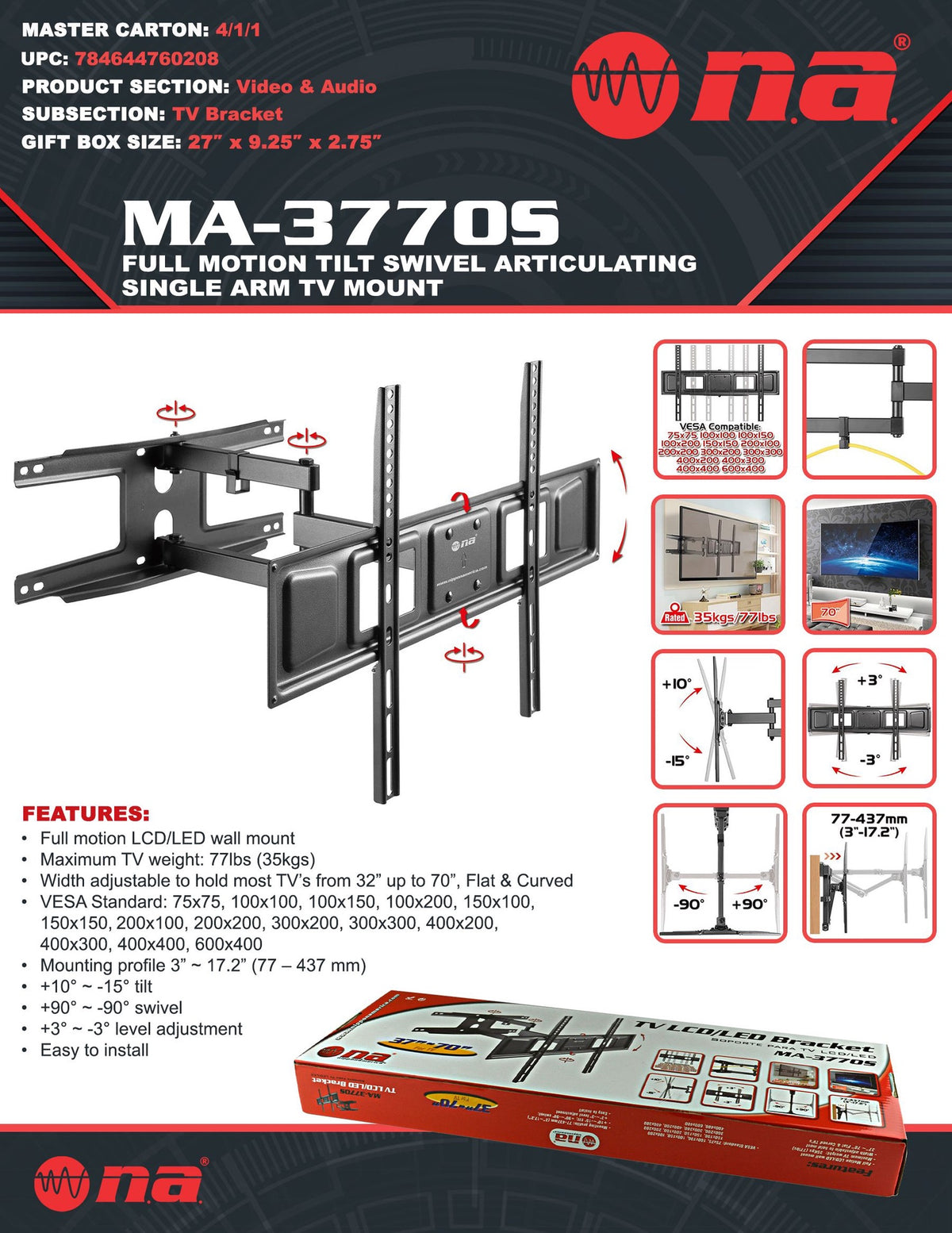 NIPPON AMERICA TV Wall Bracket MA-3770S 37-70"