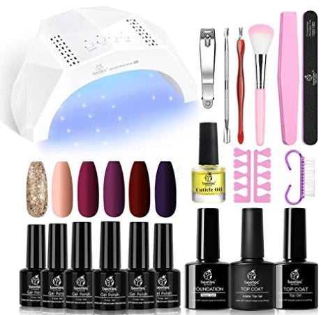 BEETLES Nails Gel Polish Kit with U V Light Starter Kit 6 Color Set Base Gel Top Coat, Soak Off Glitter Maroon Red