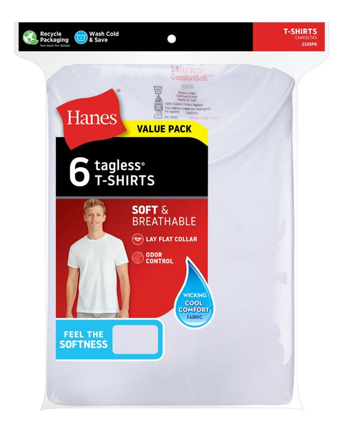 HANES Men T-SHIRT White Tagless 6PACK