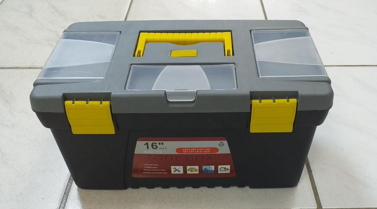 Tool Box 16" Plastic Black & Grey with Yellow Handle