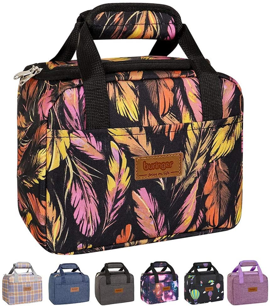 BURINGER Bag Insulated Lunch Cooler Cute Box Tote Bento Container with Front Pocket for Women Colourful Feather
