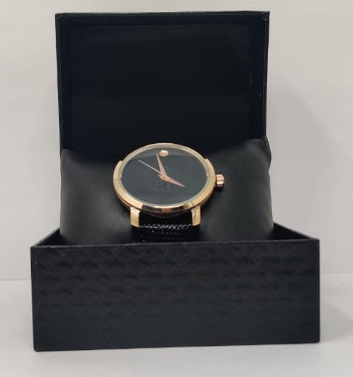 GENERIC Watch Fashion Men Rose Gold with Black Leather Ripple Strap