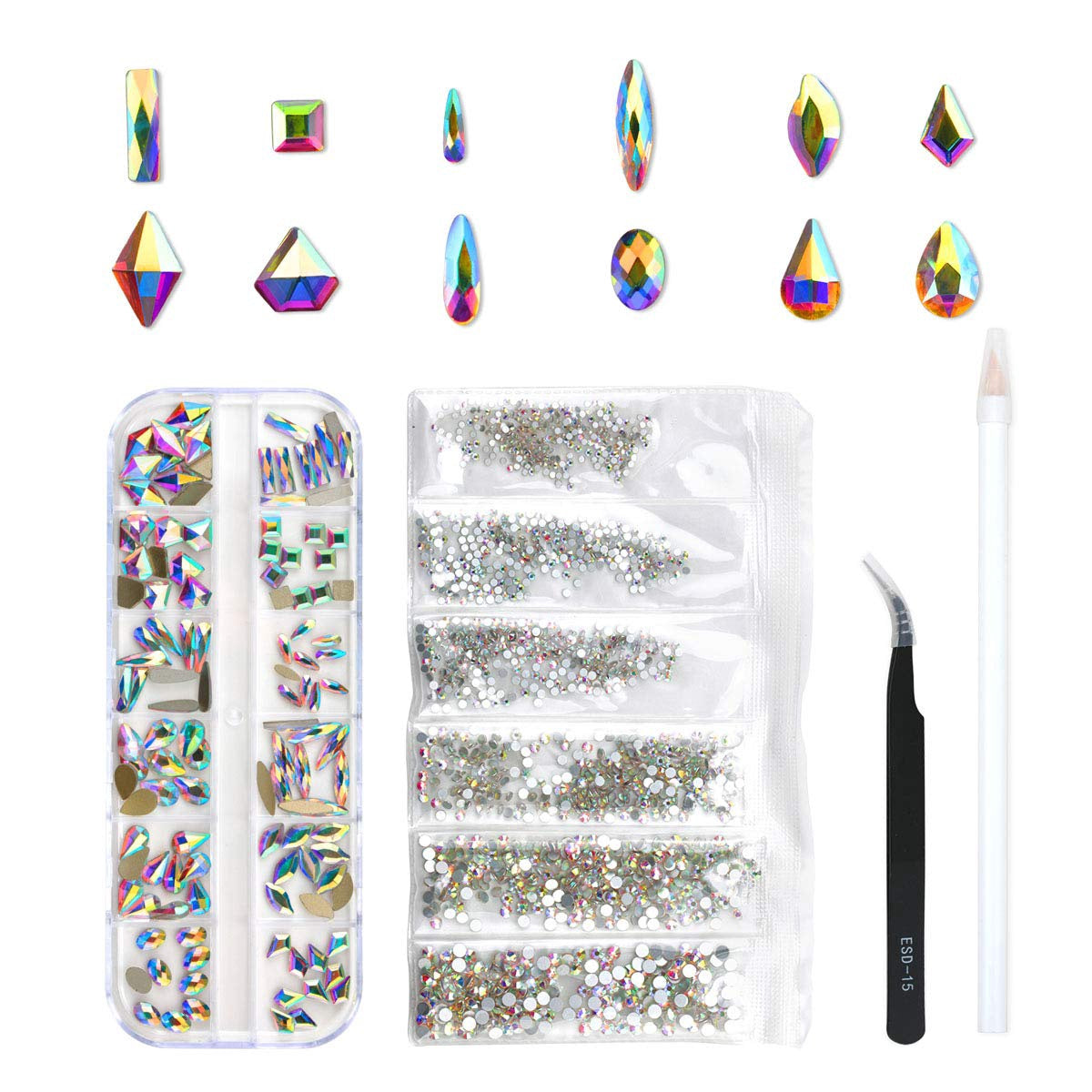 Nails 120 Pcs Multi Shapes Glass Crystal Ab Rhinestones for Nail Art Craft, Mix 12 Style Flatback Crystals 3D Decorations Flat Back Stones Gems Set (120 Pcs CRYSTALS+1728 Pcs Rhinestones)