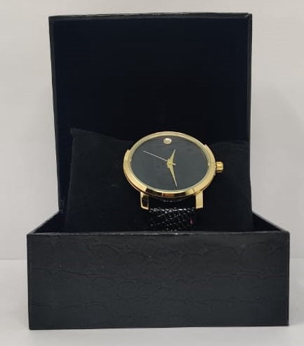 GENERIC Watch Fashion Men Gold with Black Leather Ripple Strap