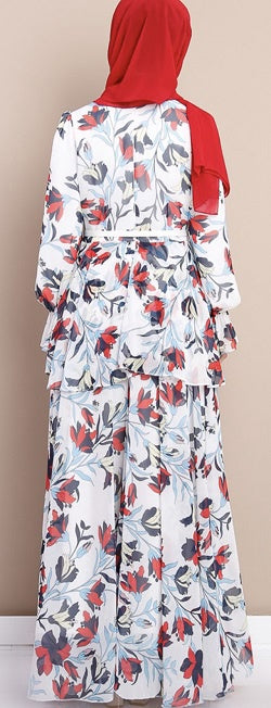 DMN Dress White Floral with Belt (Red & Blue Flowers)